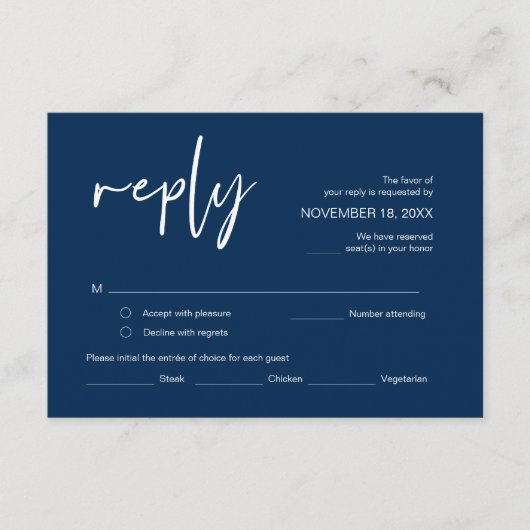 RSVP, met maaltijdopties, Navy Blue font En Informatiekaartje (Voorkant)