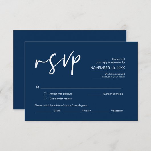 RSVP, met maaltijdopties, Navy Blue font En Informatiekaartje (Voorkant / Achterkant)