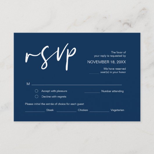 RSVP, met maaltijdopties, Navy Blue font En Informatiekaartje (Voorkant)