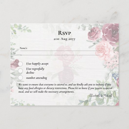 RSVP met Menu Sjabloon Burgundy Roze Rozen (Voorkant)