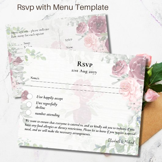 RSVP met Menu Sjabloon Burgundy Roze Rozen