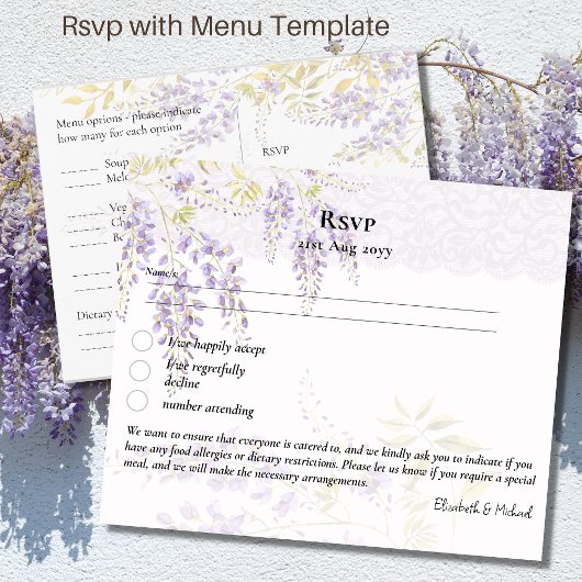 RSVP met Menu Sjabloon Paarse Blauwe Regen Bloemen