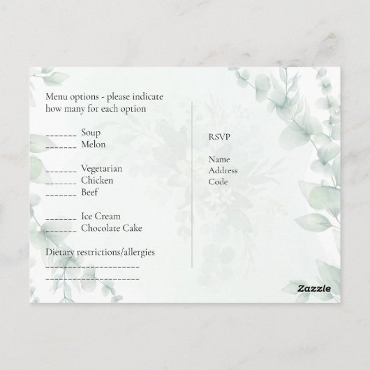 RSVP met Menu Sjabloon Rustic Eucalyptus Leaves (Achterkant)
