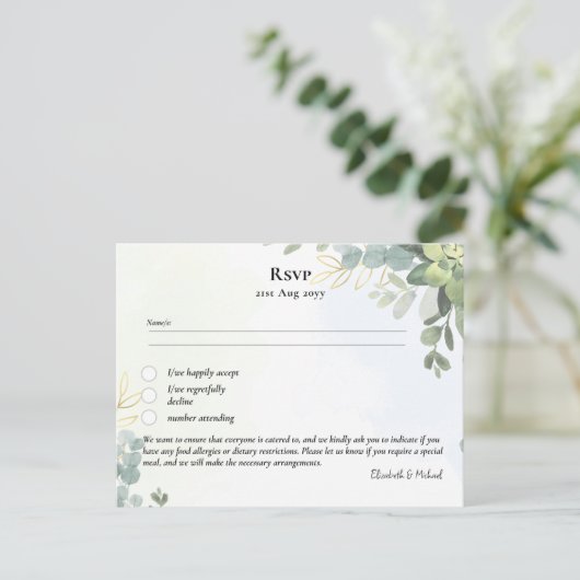 RSVP met Menu Sjabloon Rustic Eucalyptus Leaves (Staand voorkant)