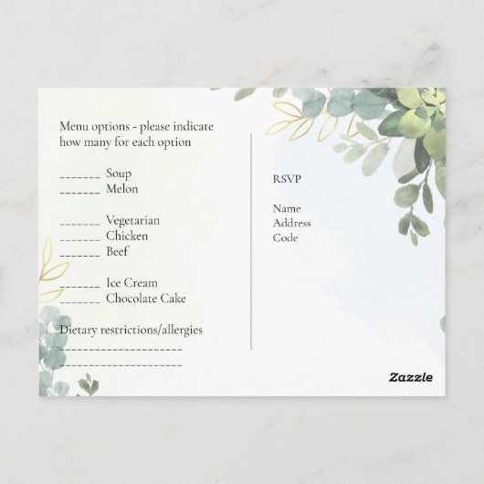 RSVP met Menu Sjabloon Rustic Eucalyptus Leaves (Achterkant)