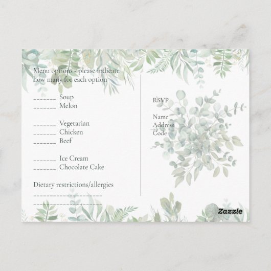 RSVP met Menu Sjabloon Rustic Greenery Leaf Boho (Achterkant)