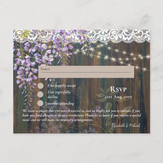 RSVP met Menu Sjabloon Rustic Wisteria Lace (Voorkant)