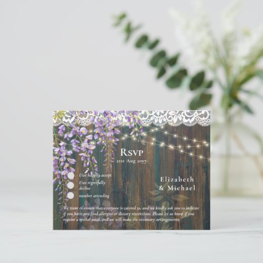 RSVP met Menu Sjabloon Rustic Wisteria Lace (Staand voorkant)