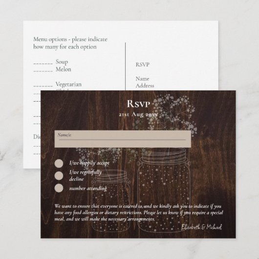 RSVP met Menu Sjabloon Rustic Wood Mason Jars (Voorkant / Achterkant)