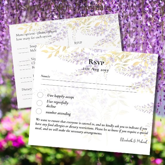 RSVP met Menu Sjabloon Wisteria Paarse Bloemen
