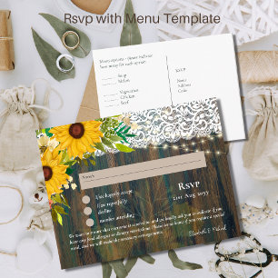 RSVP met menukaart sjabloon rustieke zonnebloemen  Briefkaart