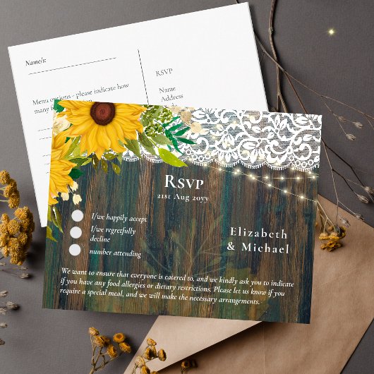 RSVP met menukaart sjabloon rustieke zonnebloemen  Briefkaart