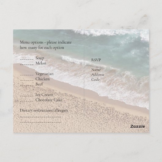 RSVP met Menukaart Sjabloon Strand Bestemming Kust Briefkaart (Achterkant)