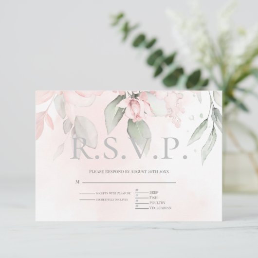 RSVP met menukeuze Blush roze Rozen (Staand voorkant)
