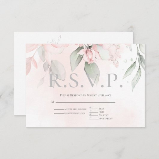 RSVP met menukeuze Blush roze Rozen (Voorkant / Achterkant)