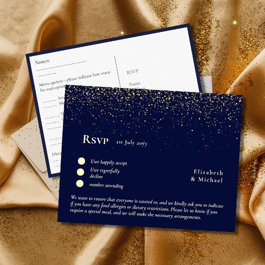 RSVP met menuSjabloon | Navy Blue Gold Briefkaart