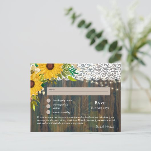 RSVP met menuSjabloon Rustic Sunflower Lace Briefkaart (Staand voorkant)
