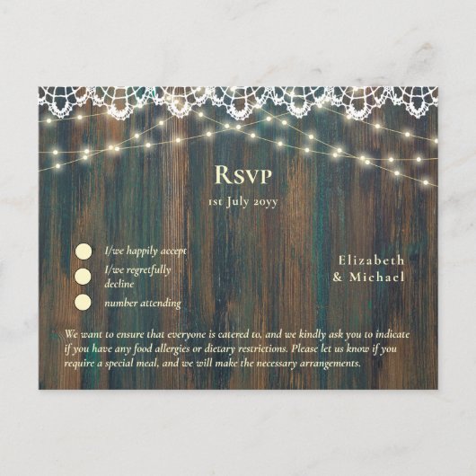 RSVP met menuSjabloon | Rustige houten goudlampen Briefkaart (Voorkant)