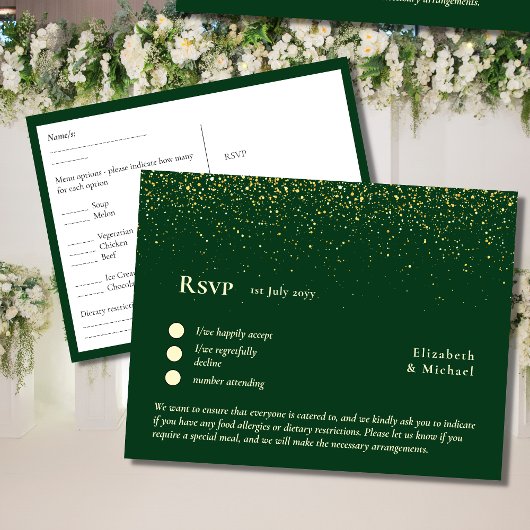 RSVP met menusjabloon | Smaragdgroene gouden RSVP Briefkaart
