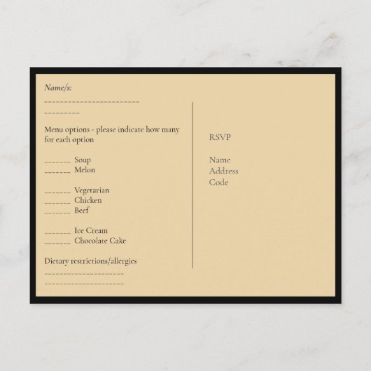RSVP met menuSjabloon | Zwart goud Briefkaart (Achterkant)