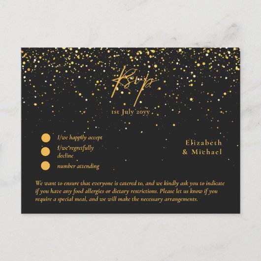 RSVP met menuSjabloon | Zwart goud Briefkaart (Voorkant)