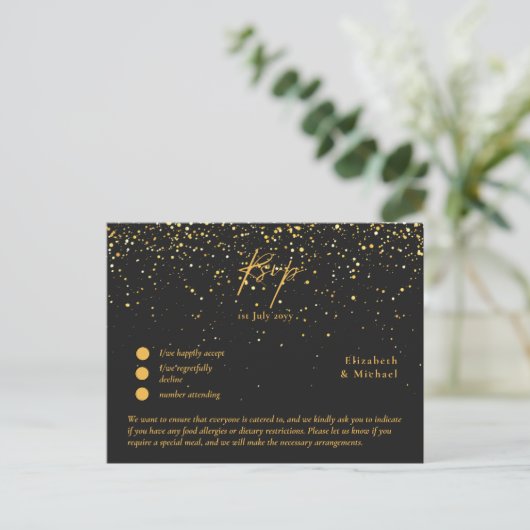 RSVP met menuSjabloon | Zwart goud Briefkaart (Staand voorkant)