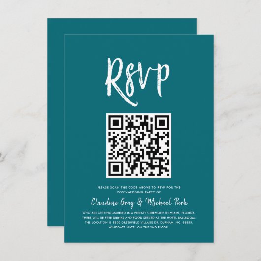 RSVP met QR-code | Blauwgroen Script Style RSVP Kaart (Voorkant / Achterkant)