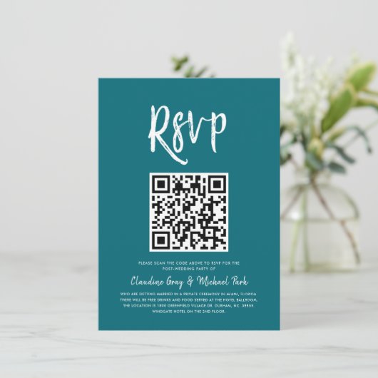 RSVP met QR-code | Blauwgroen Script Style RSVP Kaart (Staand voorkant)