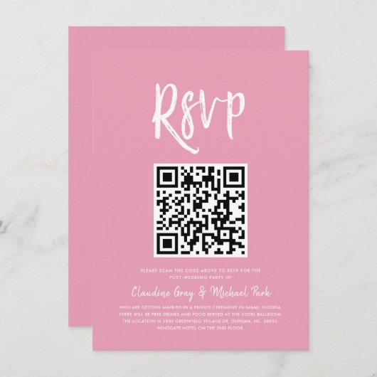 RSVP met QR-code | Blush roze Script Style RSVP Kaart (Voorkant / Achterkant)