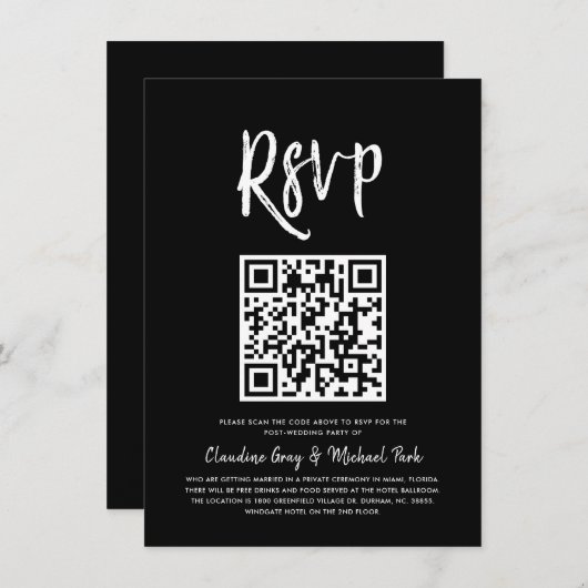 RSVP met QR-code | Solid Black Script Style RSVP i Kaart (Voorkant / Achterkant)