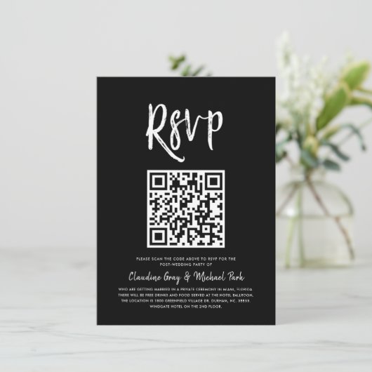 RSVP met QR-code | Solid Black Script Style RSVP i Kaart (Staand voorkant)