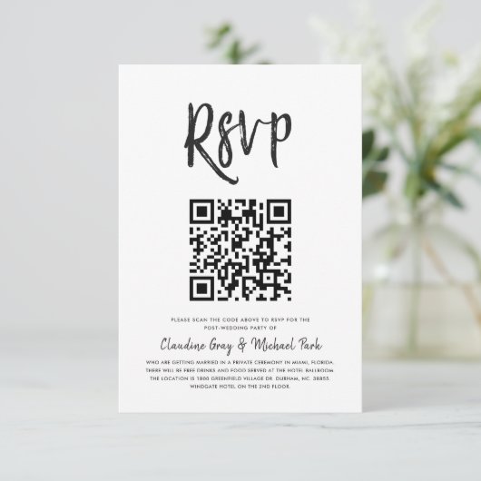 RSVP met QR-code | Zwart witscript Kaart (Staand voorkant)