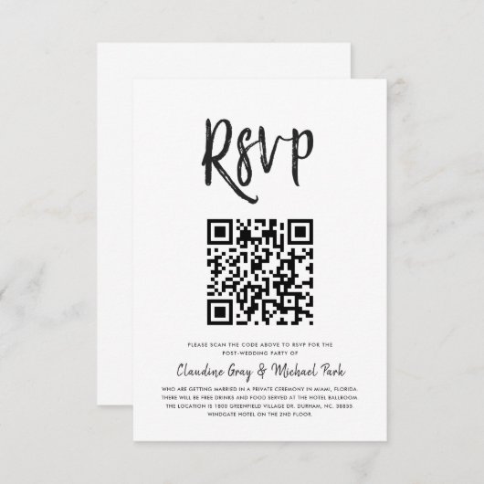 RSVP met QR-code | Zwart witscript Kaart (Voorkant / Achterkant)