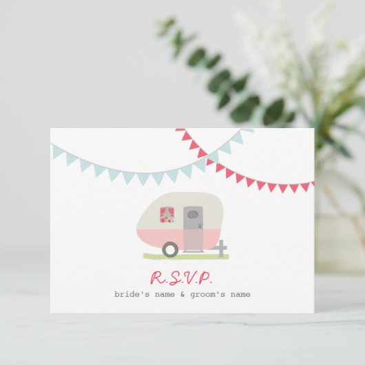 RSVP met roze retroketel en Bunting Wedding RSVP (Staand voorkant)
