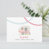 RSVP met roze retroketel en Bunting Wedding RSVP Kaartje (Staand voorkant)
