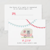 RSVP met roze retroketel en Bunting Wedding RSVP Kaartje (Voorkant / Achterkant)