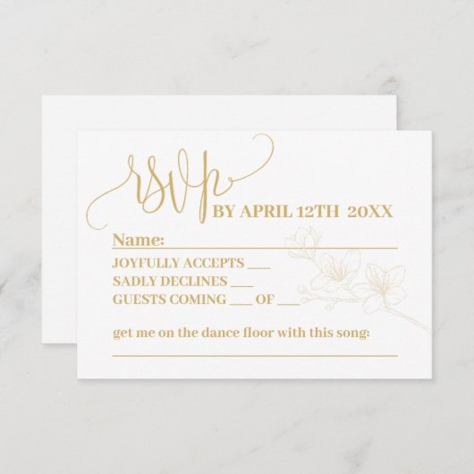 RSVP met Whimsy: Gold Flower & Script Reply Kaart (Voorkant / Achterkant)