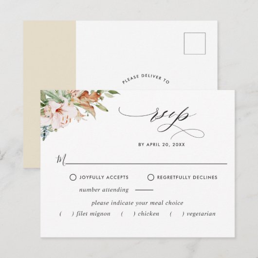 RSVP met/zonder maaltijden, aardse bloemen Beige b Briefkaart (Voorkant / Achterkant)