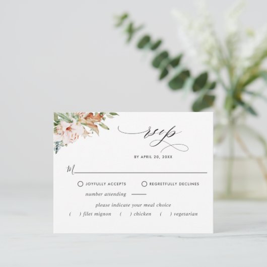 RSVP met/zonder maaltijden, aardse bloemen Beige b Briefkaart (Staand voorkant)