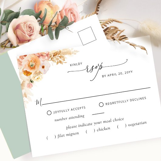 RSVP met/zonder maaltijden, peach en Sage Green Briefkaart