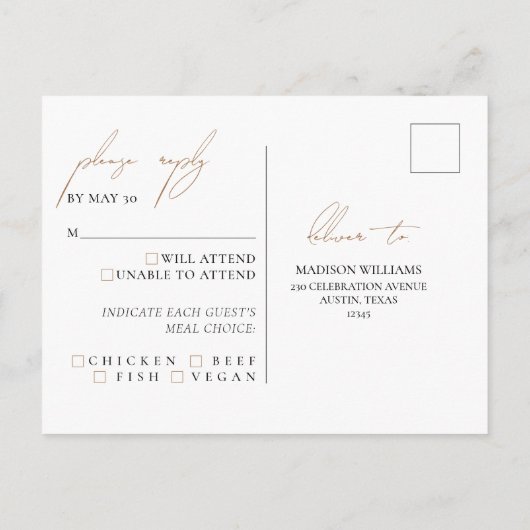 RSVP-minimalistisch Briefkaart voor witte maaltijd (Achterkant)