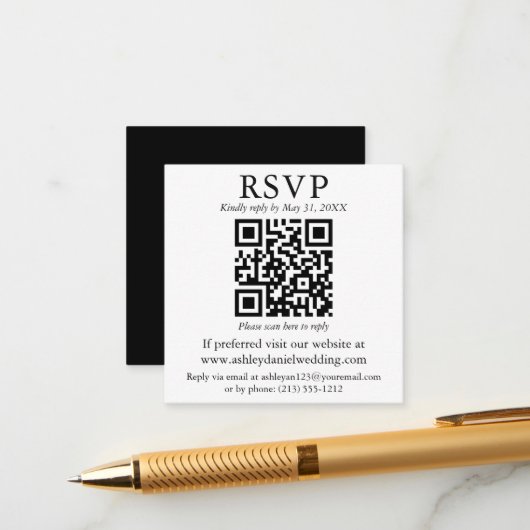 RSVP - minimalistisch QR Black White Square Informatiekaartje (Voorkant / Achterkant in situ)