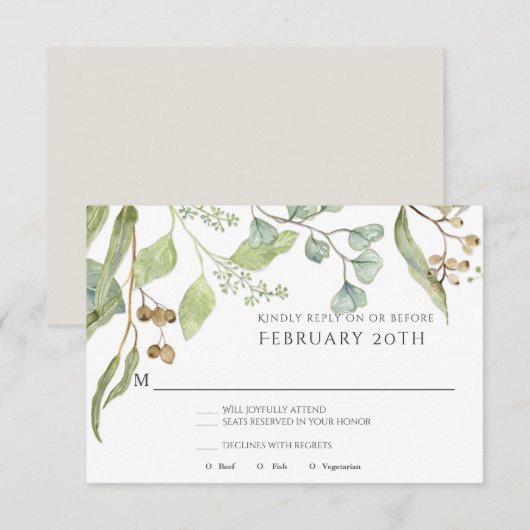 RSVP Modern Eenvoudig Aquarel Eucalyptus Bruiloft Kaart (Voorkant / Achterkant)