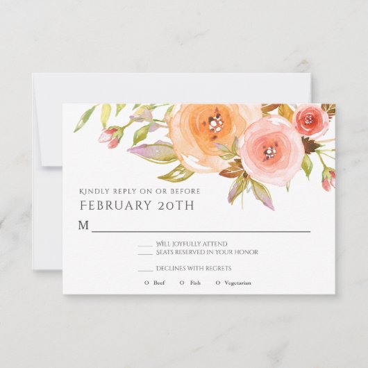 RSVP Modern Waterverf Perzik Bloemendamask Bruilof Kaart (Voorkant)