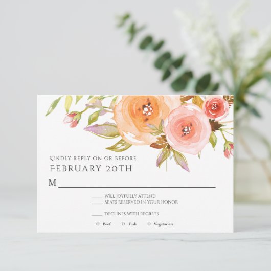 RSVP Modern Waterverf Perzik Bloemendamask Bruilof Kaart (Staand voorkant)