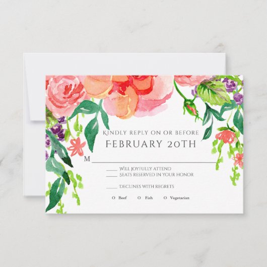 RSVP Modern Waterverf Roos Floral Striped Wedding Kaart (Voorkant)