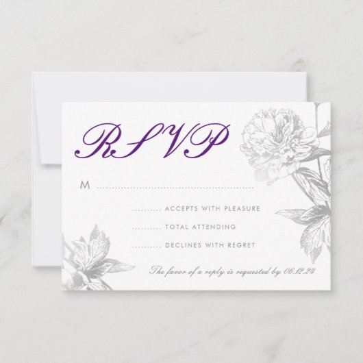 RSVP Modern Wedding Simple Silver Paarse Floral Kaartje (Voorkant)