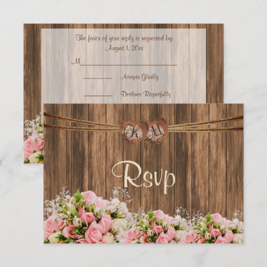 RSVP Monogram Hart met Roze en Witte Rozen Kaartje (Voorkant / Achterkant)