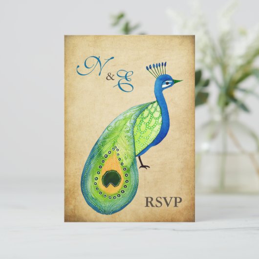 RSVP Monogram  Peacock Weddenkaarten (Staand voorkant)