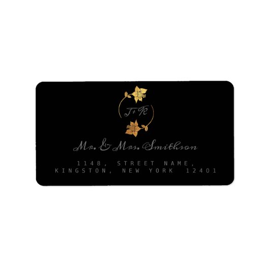 RSVP Monogram Zwart Grijs Goud Krans Bloemen Etiket (Voorkant)